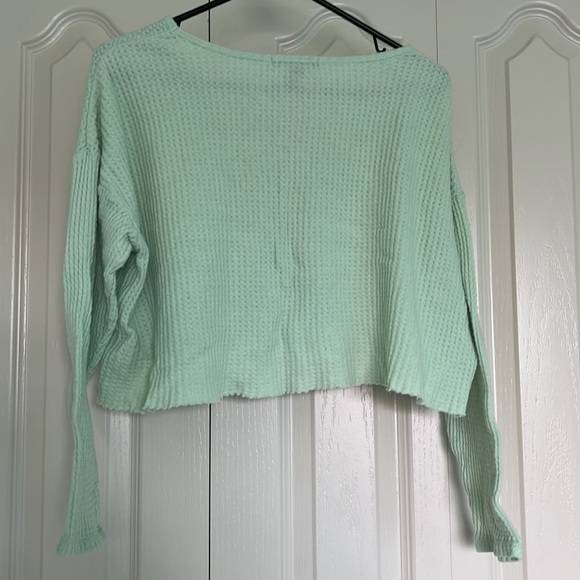 Mint Green V Neck Waffle Knit Top - Picture 2 of 2